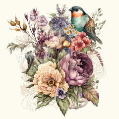 Vintage bouquet of beautiful flowers with Paradise Bird. Floral botanical background. Created with Generative AI.