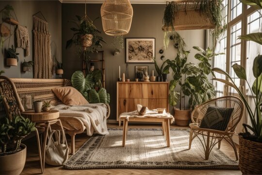 Plants on wooden table in modern decor. Warm bohemian interior. Real picture. Generative AI
