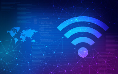 Wi Fi symbol, wireless networking, digital technology background illustration, blue background with world map