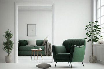 Living room with green armchair on empty dark white wall background. Generative Ai