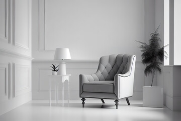 The interior has an armchair on empty white wall background. Generative Ai