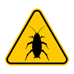 Cockroach warning sign. Vector illustration of yellow triangle sign with insect icon inside. Roaches symbol. Risk of spreading diseases. Dirty place concept.