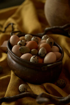 copper pot with eggs