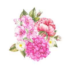 Pink watercolor roses bouquet. Bunch of flowers on a white background