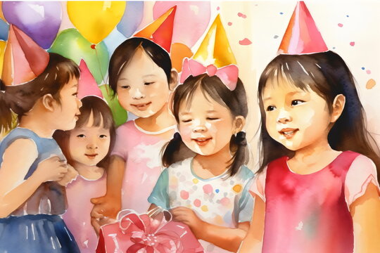 watercolor painting of asian girl's birthday party, made with generative ai