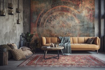 Nomadic bohemian interior wall mockup with rustic décor. Generative AI