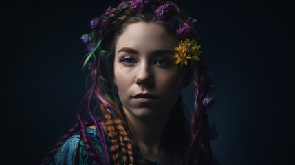 Milestone woman with colorful braids and flowers on her long hair, Generative AI