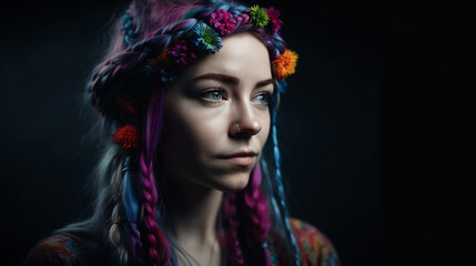 portrait of a young woman with braids and flowers in her hair, Generative AI