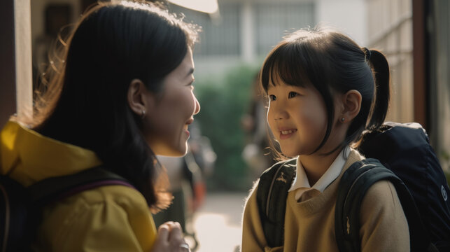 Mother Dropping Her Smiling Daughter Off At School, Generative AI