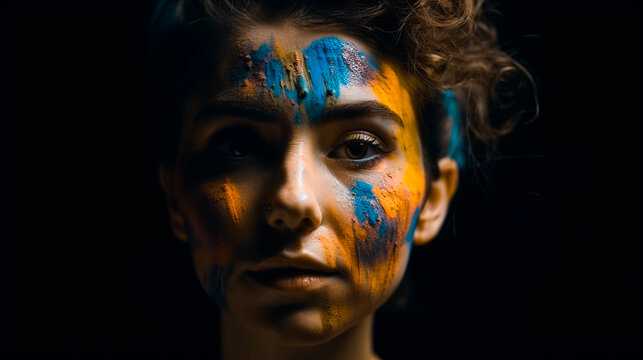 Low key studio portrait of a young woman with colorful painted face, Generative AI