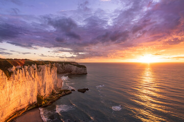 Incredible sunset on the cliffs of Etretat