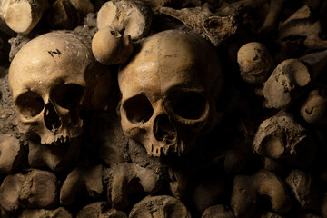 Human skulls and Bones in the catacombs of Paris
