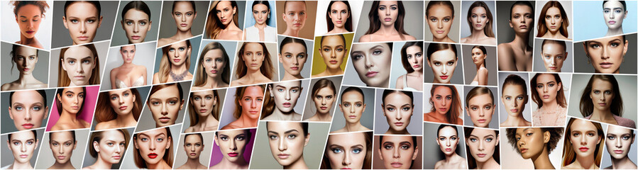 Collage of young beautiful women portraits. Collection of fashion models faces close up. Generative AI