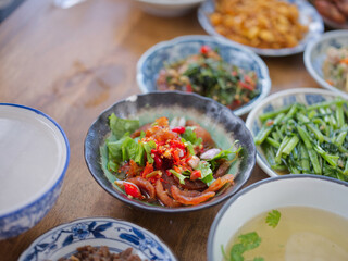 Rice gruel and side dish . Concept breakfast THAI STYLE