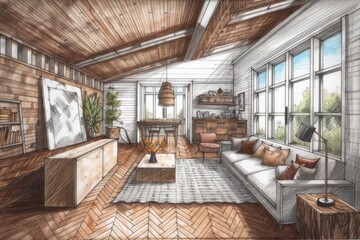 Fototapeta na wymiar Architect interior designer concept hand drawn draft unfinished project becomes farmhouse living room with herringbone parquet. Boho,. Generative AI