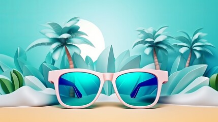 Summer time fun concept design. Creative background of landscape, panorama of sea and beach on sunglasses. Summer sale, post template. generative ai
