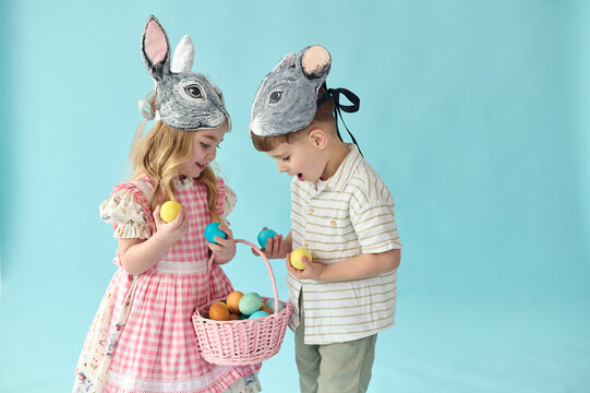 Easter kids on a blue background