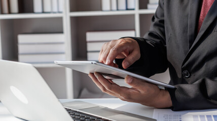 Businessman, financial auditor and secretary doing balance calculation report The Revenue Department checks the documents. Audit concept