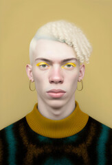 portrait of pale blonde man with makeup and earrings isolated on plain background, made with generative ai