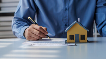 real estate agent Hand over the keys and the model house to the customer and the home insurance contract. home mortgage loan concept
