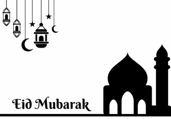 black and white simple design Happy Eid Mubarak beautiful background with islamic ornament. greeting card