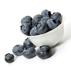 Lots of scattered blueberry in a white cup on a white background. Full depth of field. With clipping path.