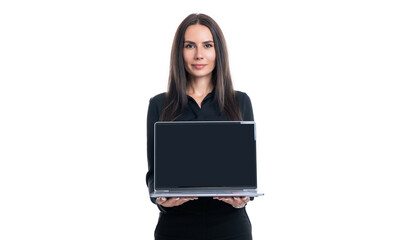 Young businesswoman freelancer ceo boss manager employee showing laptop screen with blank mockup