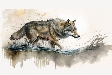 A watercolor sketch of a gray wolf hunting its prey with Generative AI technology.