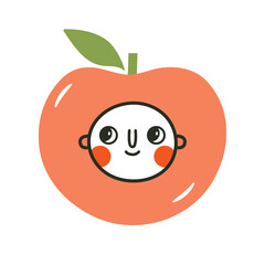 Kawaii face of little baby in apple. Cartoon kid's clip art with abstract head and fruit. Minimalist cute print for logo, baby shower invitation, child clothing, greeting card, children's design.