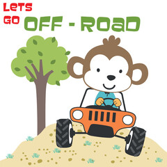 Vector illustration of cute little monkey on a off road car go to forest, Can be used for t-shirt print, kids wear, invitation card. fabric, textile, nursery wallpaper, poster and other decoration.