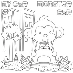 Cute monkey cartoon having fun driving off road car on sunny day. Cartoon isolated vector illustration, Creative vector Childish design for kids activity colouring book or page.