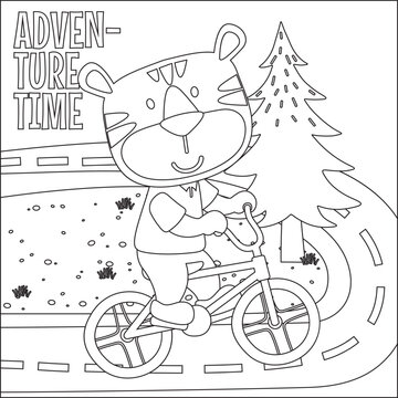 Cute little tiger riding bicycle. Trendy children graphic with line art design hand drawing sketch vector illustration for adult and kids coloring book.