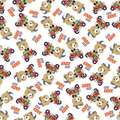 Seamless pattern texture with Cute little bear Riding motorcycle, Cartoon Vector Icon Illustration. For fabric textile, nursery, baby clothes, background, textile, wrapping paper and other decoration.