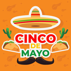 cinco de mayo. illustration of a sombrero hat, mustache, baked taco, and cactus