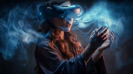 Woman with VR glasses  or VR goggles in smoke background Generative AI