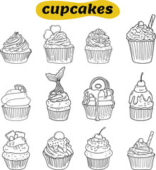 Cute Cupcakes Doodle Elements Set