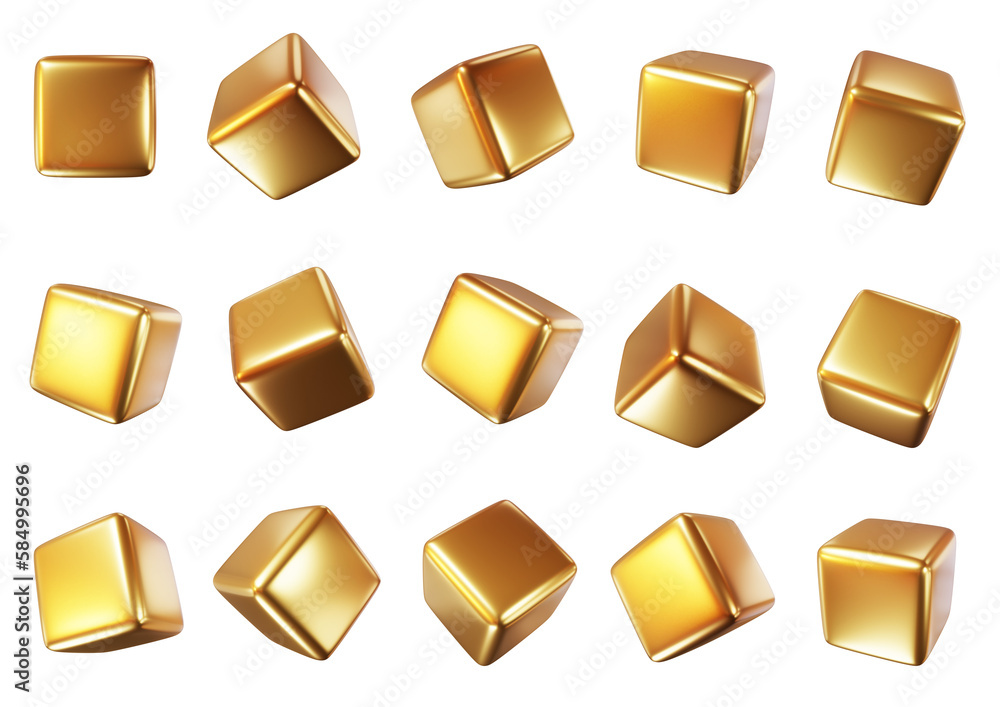 Poster 3d set cubes golden metal shape on isolated background. golden or yellow square box icon with differ