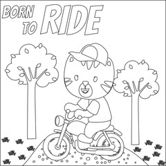 cool tiger and motorcycle funny animal cartoon. Creative vector childish design for kids activity coloring book or page.