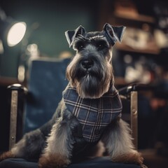 Cute schnauzer dog sitting in chair. Made with Generative AI.