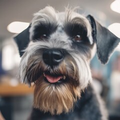 Cute schnauzer dog facing the camera . Focus on nose. Made with Generative AI.