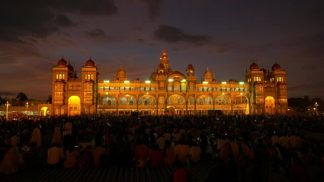 Mysore Palace (Amba Vilas Palace)  Illuminated at Dusk during the Navaratri Festival Shot in Mysuru, Karnataka, India