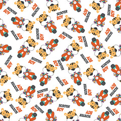 Cartoon seamless pattern of cute tiger riding Scooter . Can be used for t-shirt printing, children wear fashion designs and other decoration.