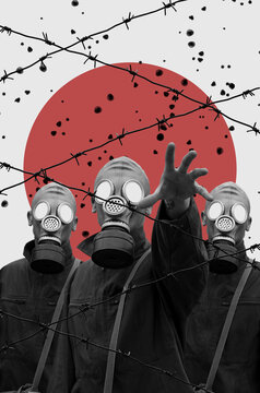 Mixed media collage art with group of men in gas mask