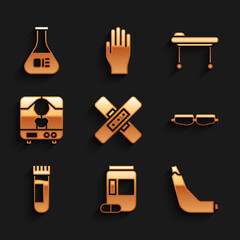 Set Crossed bandage plaster, Medicine bottle pills, Inhaler, Safety goggle glasses, Test tube with blood, X-ray machine, Stretcher and flask icon. Vector