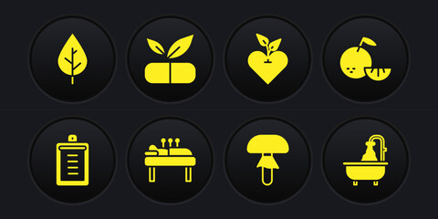 Set Clipboard with checklist, Citrus fruit, Acupuncture therapy, Mushroom, Heart, Medical pill plant, Bathtub and Leaf icon. Vector