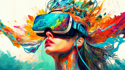 lady experiencing in VR colorful painting generative AI