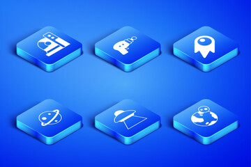 Set Earth globe, Astronaut helmet, UFO flying spaceship, Planet Saturn, Ray gun and Comet falling down fast icon. Vector