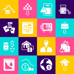 Set Falling property prices, Fire burning house, Briefcase, Global economic crisis, Pie chart infographic, Tearing money banknote, Dollar rate decrease and Safe icon. Vector