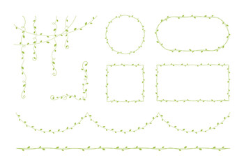 Green vines frames and borders, hanging vine curtain design, botanical elements vector illustration set