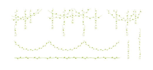 Green vines frames and borders, hanging vine curtain design, botanical elements vector illustration set